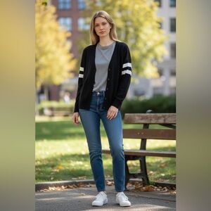 Chic Black Cardigan with White Sleeve Stripes